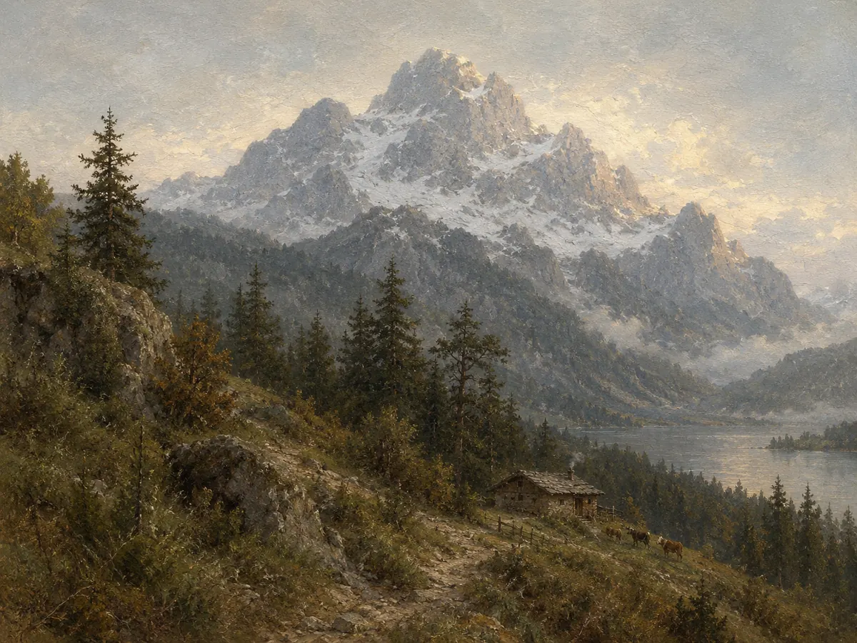 Oil painting of a snow-capped alpine peak above a forested valley, with a lake, a small cabin and grazing cows