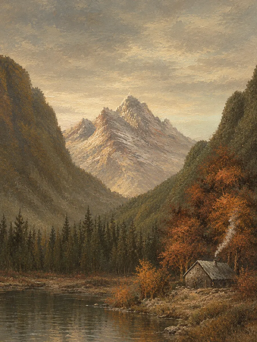 Oil painting of a cabin among copper autumn trees at the foot of a mountain valley, smoke rising from its chimney