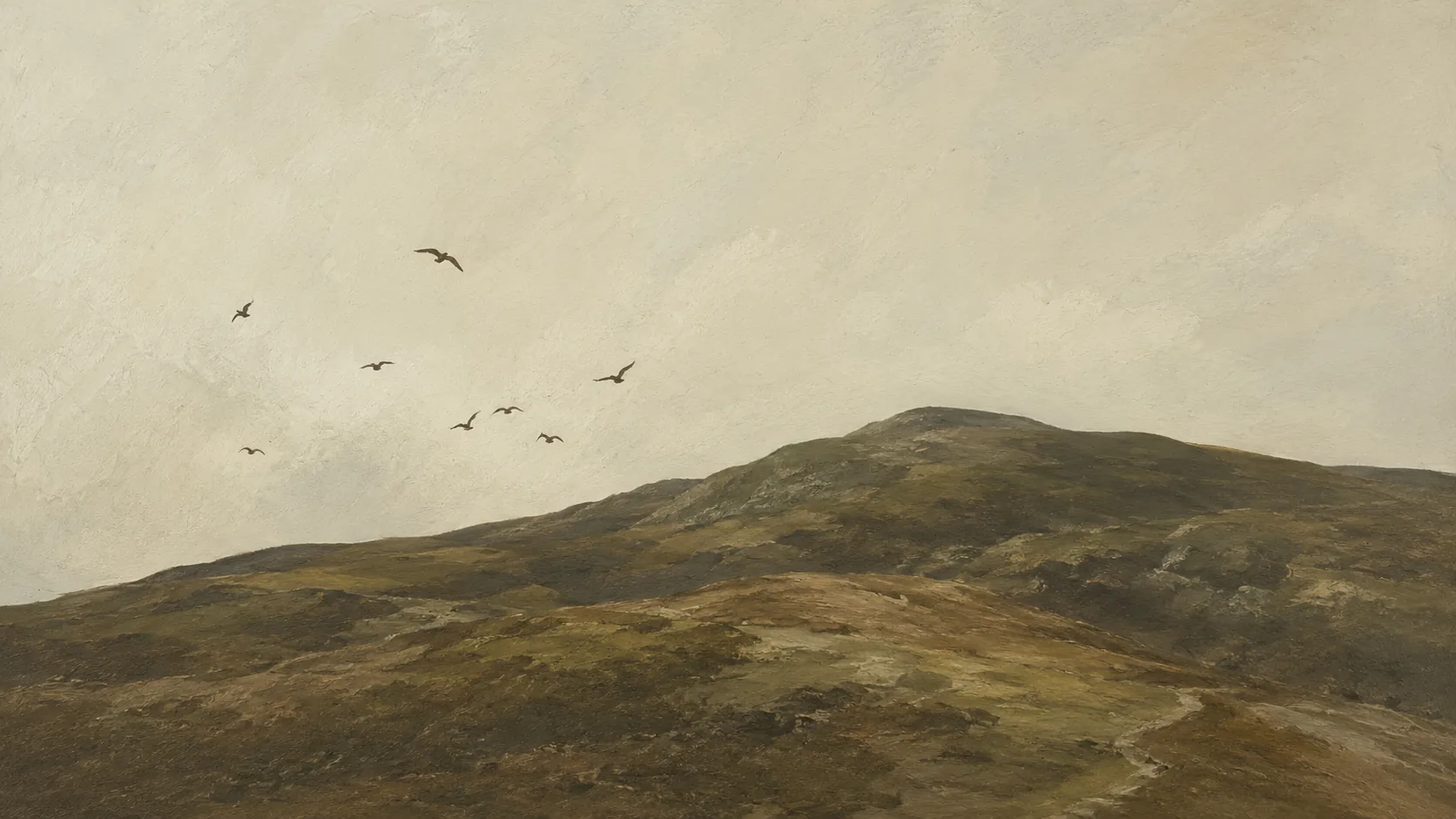 Oil painting of a moorland hill under a pale sky, with a flock of birds in flight