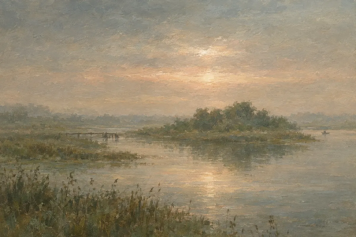 Oil painting of a misty marsh at dawn, with reeds in the foreground, a wooded island and a small boat on still water