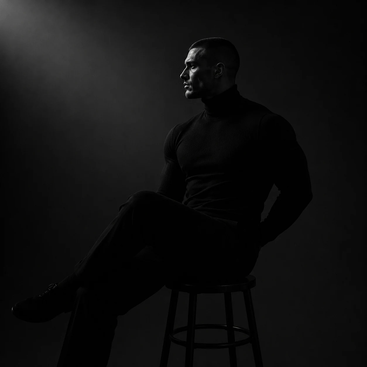 Black and white self-portrait of Darko Hrovat seated on a stool, lit from above